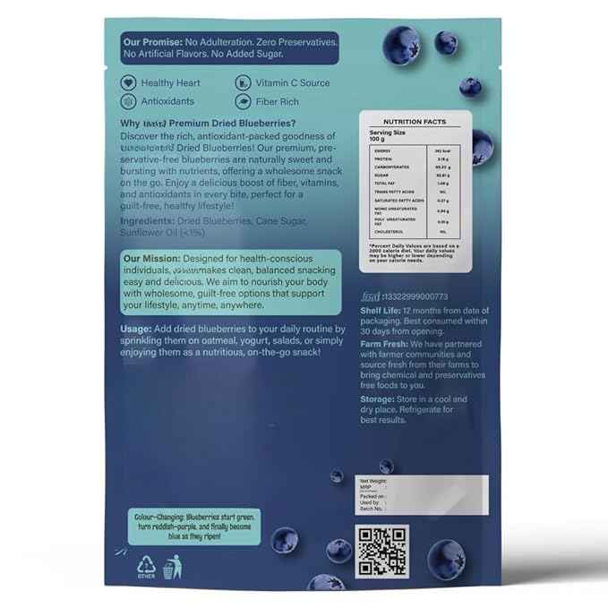 Dried Seedless Blueberries Rich in Fibre Vitamins Healthy Snacks Vegan Non-GMO &amp No Preservatives -150 gm