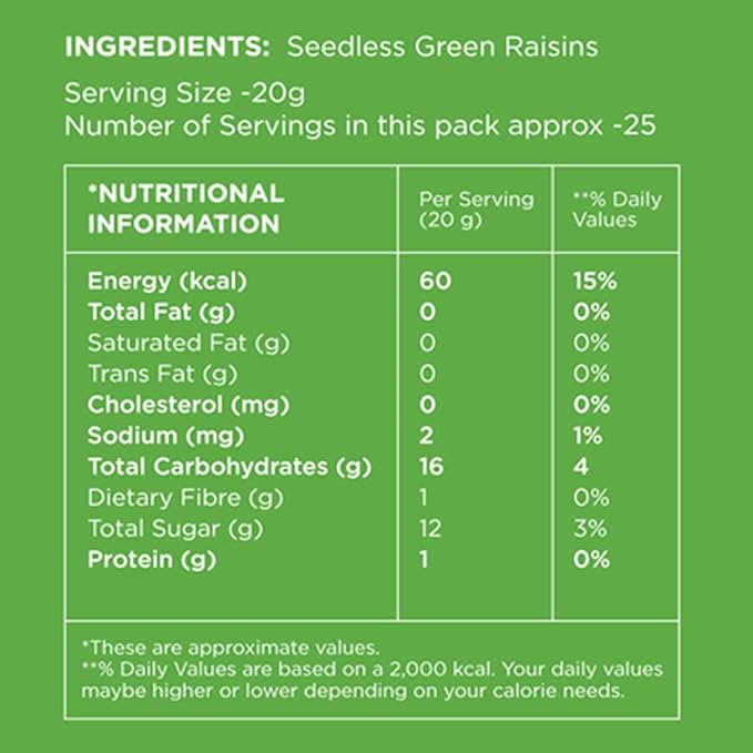 Premium Green Raisins Dried Kishmish Without Seeds100% Natural &amp Gluten-Free Munakka Dry Fruit Rich in Fiber Iron Calcium &amp Boosts Immunity Delicious -500gm