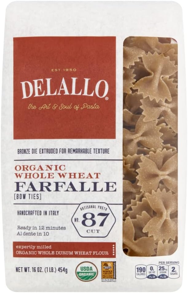 DeLallo Organic Whole Wheat Farfalle Bow Ties Pasta 1lb Bag 16-Pack