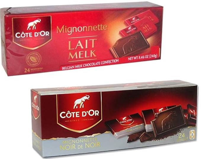 Cote D'Or Belgian Chocolate Mignonnette 2 Flavor Variety Bundle: (1) Extra Dark Chocolate and (1) Milk Chocolate 8.46 Ounces