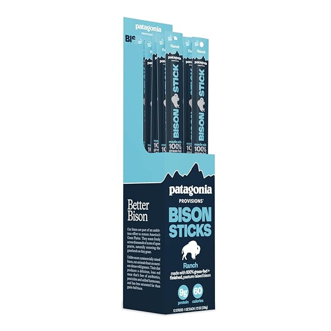 Patagonia Provisions Bison Sticks - Ranch | 100% Grass-Fed 8g of Protein 60 Calories | No Artificial Ingredients Added Flavors Fillers or Nitrates | Pack of 12 1 oz Each