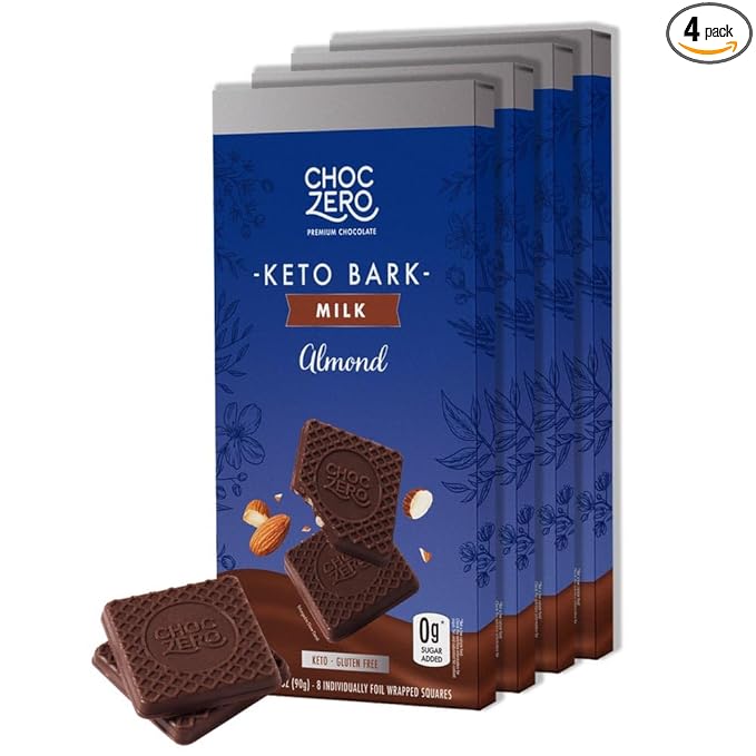 ChocZero Milk Chocolate Almond Bark No Added Sugar Low Carb High Fiber Keto Friendly No Sugar Alcohols (4 Count 3.2oz Boxes)