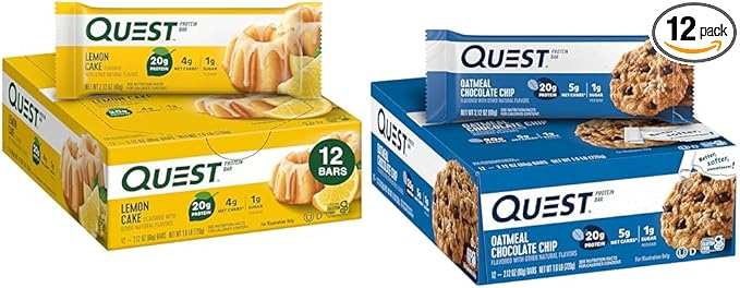 Quest Lemon Cake (12 Count) and Oatmeal Chocolate Chip (12 Count) High Protein Gluten Free Bars