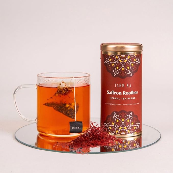Tahmina Saffron Rooibos Caffeine Free Tea: South African Herbal Blend with Saffron 12 Biodegradable Pyramid Tea Bags Makes 36 Cups of Tea (1 Pack)
