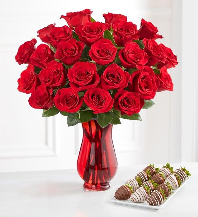 Shari’s Berries 24 Classic Red Roses &amp 12 Chocolate Covered Strawberries Gift Set | Chocolate &amp Fresh Flower Gift Box | Valentine's Day Anniversary Celebrations &amp Thank You’s