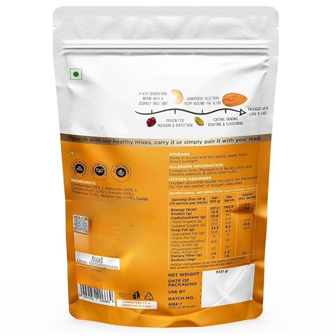 Generic Premium Sports Roasted Almonds Cashews Pistachios Dried Blueberries Cranberries and Raisins | Resealable Pouch -350 gm