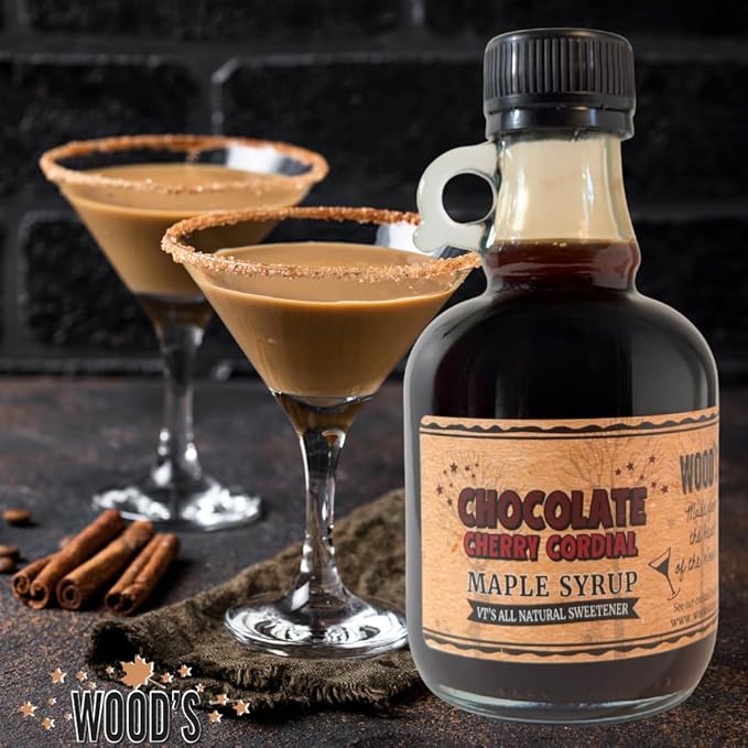 WOOD'S Chocolate Cherry Cordial Infused Maple Syrup – Decadent Vermont Maple Syrup with Dark Cocoa &amp Succulent Cherries | Small-Batch All-Natural Vegan-Friendly Syrup for Breakfast Desserts &am