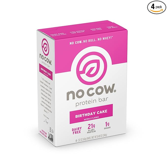 No Cow High Protein Bars Birthday Cake 21g Plant Based Vegan Protein Keto Friendly Low Sugar Low Carb Low Calorie Gluten Free Naturally Sweetened Dairy Free Non GMO Kosher 4 Pack