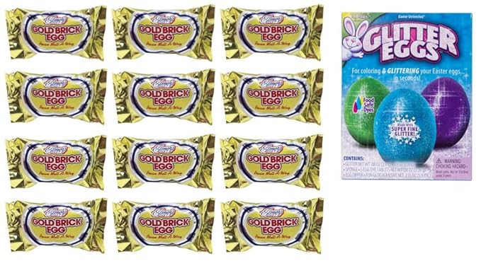 Elmer's Chocolate Gold Brick Eggs (12 Eggs) with Bonus Glitter Easter Egg Dye Kit