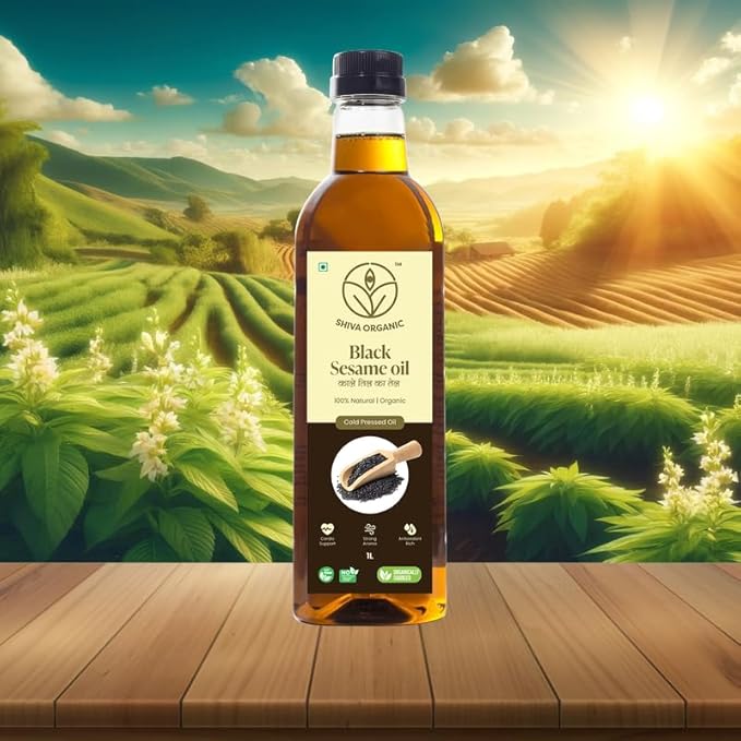 Shiva Organic Cold-Pressed Black Sesame Oil - 100% Natural Certified Organic - 1L (33.8 fl oz) for Cooking Dressings and Health