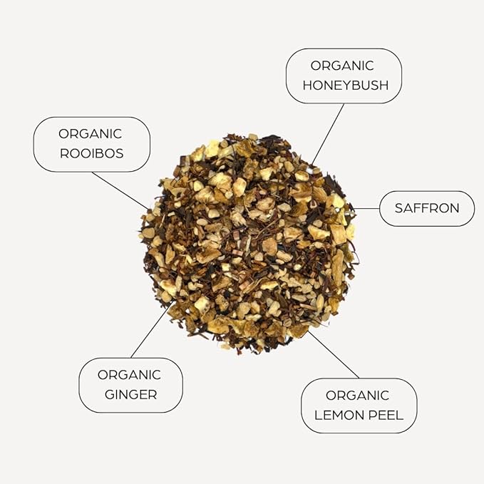 Tahmina Saffron Rooibos Caffeine Free Tea: South African Herbal Blend with Saffron 12 Biodegradable Pyramid Tea Bags Makes 36 Cups of Tea (1 Pack)