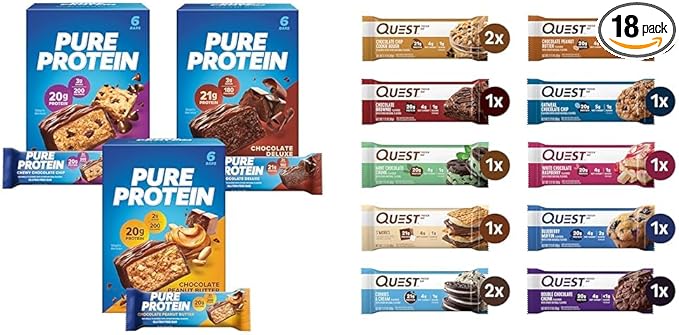 Pure Protein Bars Variety Pack with 18 Bars &amp Quest Nutrition Protein Bars Variety Pack with 12 Bars High Protein Gluten Free