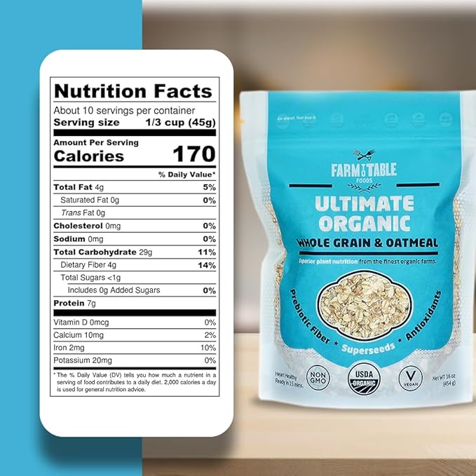 Farm to Table Foods Organic Oatmeal Variety Pack – High-Protein Plant-Based Unsweetened Non-GMO – 3-Pack (Apple Raisin Whole Grain Ultimate Organic)