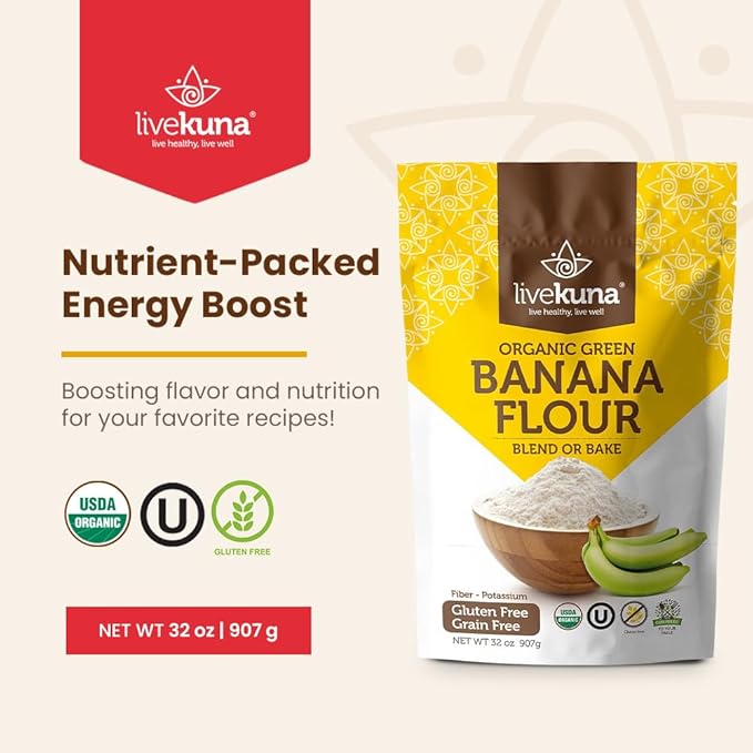 LiveKuna Organic Banana Flour - Gluten Free All Purpose Flour Alternative For Baking &amp Cooking Recipes - Grain Free Vegan Banana Flour Rich In Fiber &amp Vitamins for Keto &amp Paleo Diets 32o