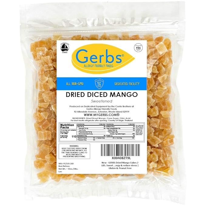 Gerbs Lightly Sweetened Dried Mango Cubes 2 lbs. | Unsulfured No Artificial Additives Resealable Bag | Naturally Sweet &amp Chewy | Top 14 Allergen-Free