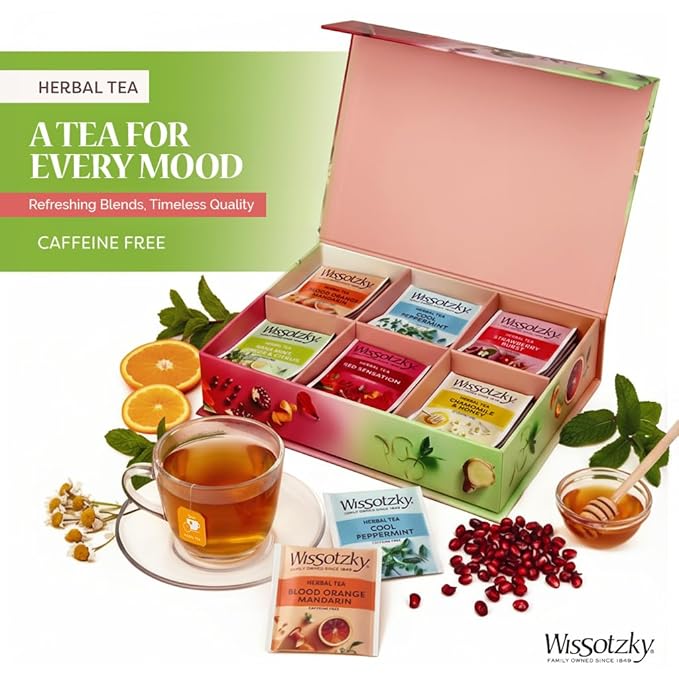 Wissotzky Herbal Tea Variety Pack Sampler (42 Tea Bags) in a Premium Reusable Gift Box | Valentines Day Gift | Caffeine-Free | 6 Exciting Flavors | Individually Wrapped Tea Bags | Ideal Present for Ho