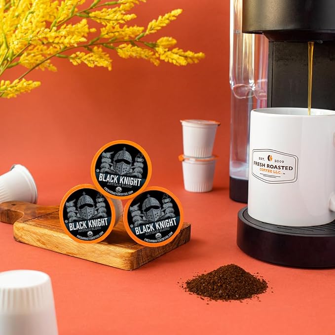 Fresh Roasted Coffee Organic Black Knight | USDA Kosher | Dark Roast 96 Pods for K Cup Brewers