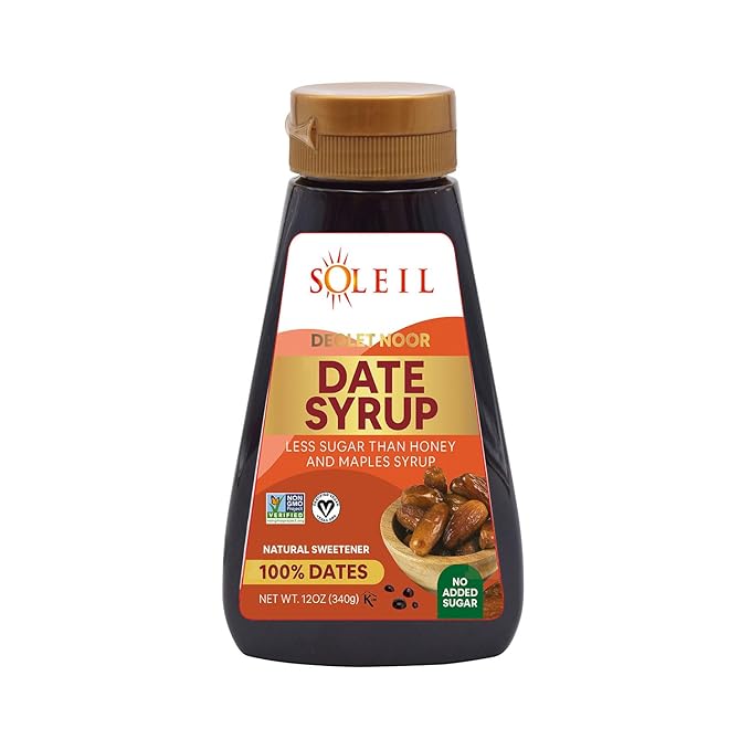 (Pack of 2) 12oz Soleil Date Syrup | Made with 100% Deglet Noor dates | Certified NON-GMO KOSHER. Healthy Natural Sweetener with NO added sugars or preservatives Gluten-free Vegan. PBA-free squeez