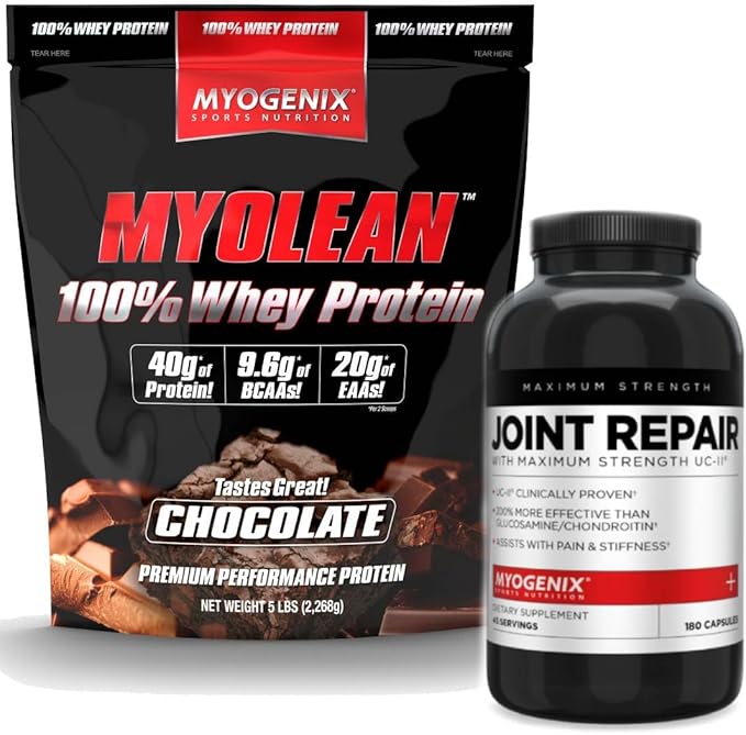 Myogenix Joint &amp Tissue Supplement &amp Myolean Chocolate Whey Protein – Recovery &amp Performance Bundle – UC-II Collagen MSM and 40g High-Protein Whey for Muscle &amp Joint Support