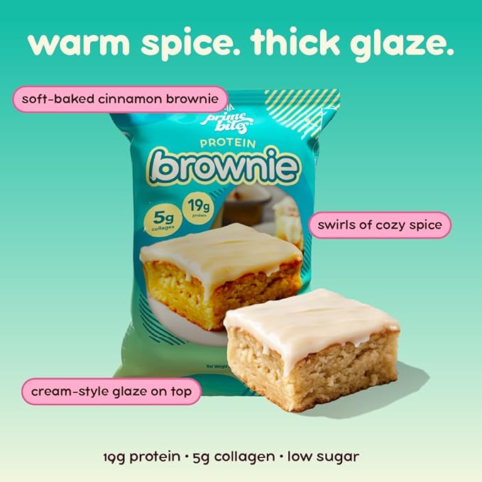 Prime Bites High Protein Brownie (12 Per Box Glazed Cinnamon Roll) - 19g of Protein 5g of Collagen Gluten Free Low Sugar Treat Delicious Protein Snack