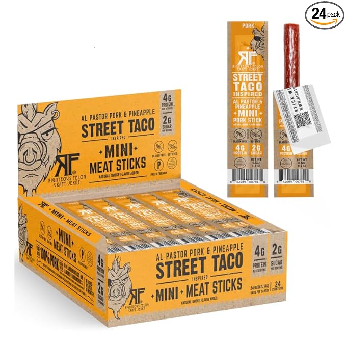 Righteous Felon Mini Meat Sticks | 100% Pork Sticks | Keto Gluten Free Low Sugar High Protein Snacks | Healthy Meat Snacks for Kids &amp Adults | Street Taco Pork Sticks 24 Count