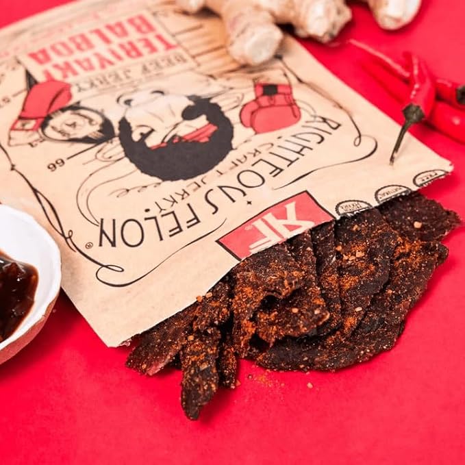 Righteous Felon Beef Jerky - Teriyaki Balboa Jerky - Gluten-Free Snacks - All-Natural Locally Sourced &amp Dried Beef Jerky - Low-Sugar High-Protein Healthy Snacks - 2 Ounces Each Pack of 8
