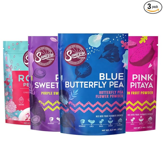 Suncore Foods – Better Together Favorites Starter Bundle 4 Pack – 3 Powders (Blue Pink &amp Purple) &amp Rose Petals Bloom