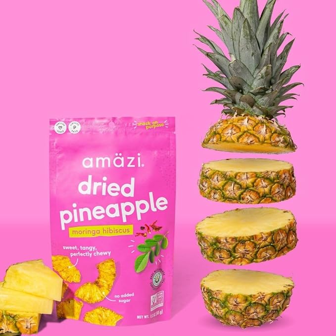 Amäzi Foods | Dried Pineapple - Moringa Hibiscus (6 Pack) | All Natural Snacks | No Sugar Added Dried Pineapple | Dehydrated Fruit