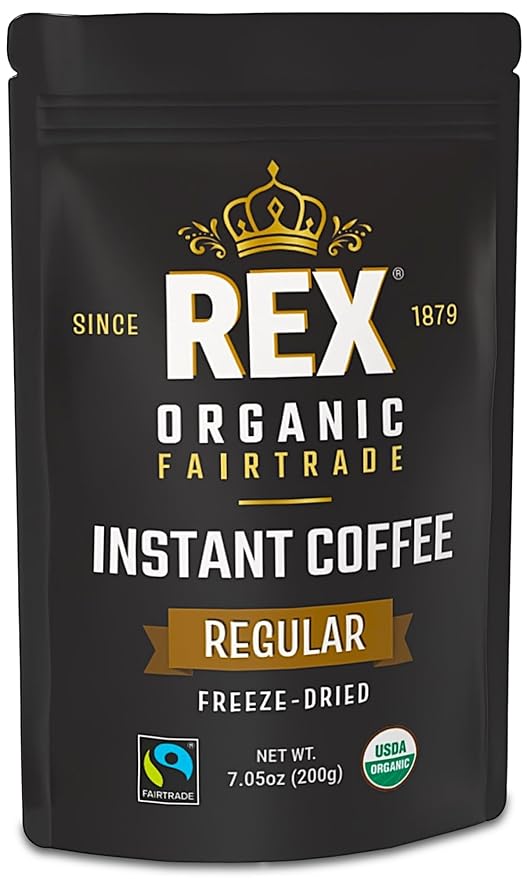 Rex Organic Fairtrade Freeze-Dried Instant Coffee – Medium Roast Arabica 7.05 oz Resealable Pouch Bag – USDA Organic &amp Fairtrade Certified Lab Tested for Mold &amp Mycotoxins