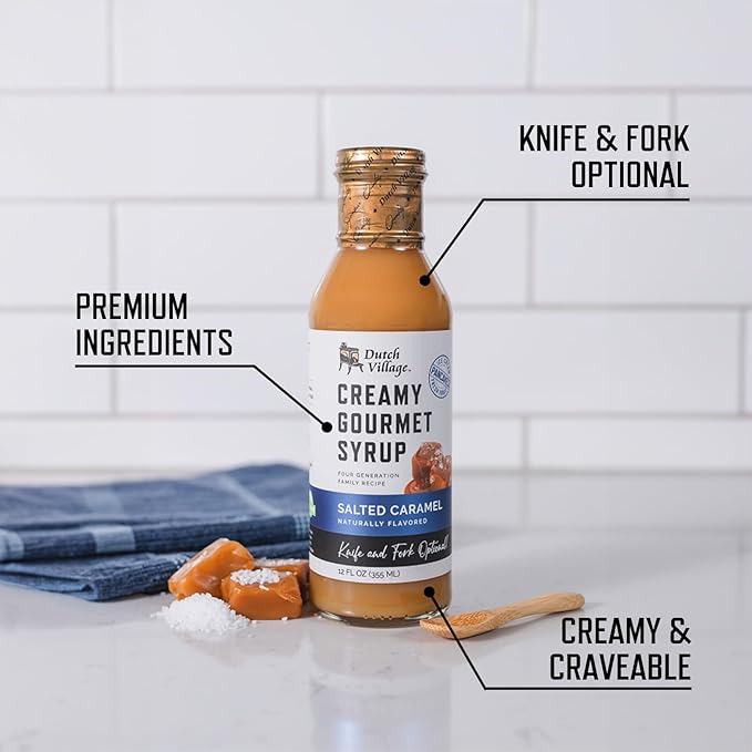 Creamy Gourmet Breakfast &amp Dessert Syrup | Organic Ingredients - Clean Label | No Preservatives Artificial Flavors or Corn Syrup | Gluten-Free | Dutch Village Salted Caramel &amp Peach Cream 12
