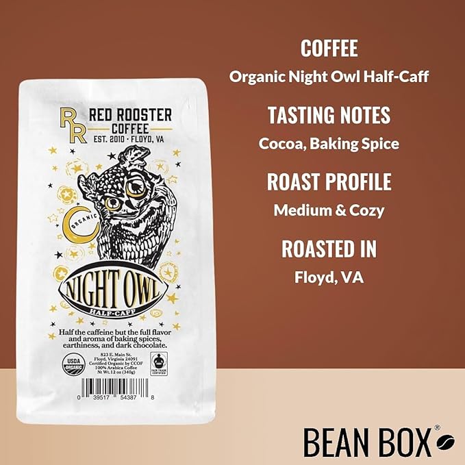 Organic Night Owl Half-Caff - Roasted by Red Rooster Coffee - Freshly Ground Coffee - 5 Pound Bag