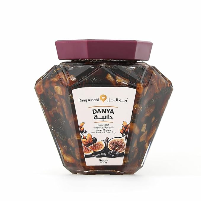 Reeq AlNahl Danya Premium Honey Blend – Natural Honey with Figs &amp Raisins 500g Jar – Rich Gourmet Honey for Breakfast Tea Baking &amp Drizzling