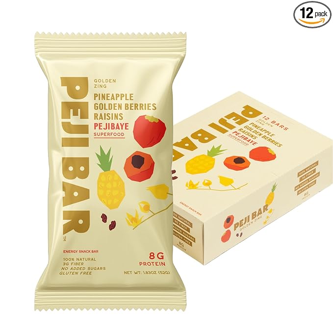 PEJI BAR Superfood Energy Bars | Golden Zing Pineapple Golden Berry Flavor | Gluten Free 8g Protein Fiber Whole Ingredients No Sugar Added | Adventure Ready Snack 12 Count