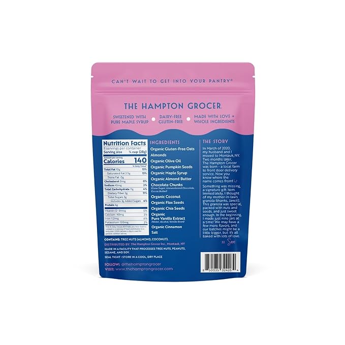 The Hampton Grocer Almond Butter &amp Chocolate Chunk Granola 3 pack - Gluten-Free Dairy-Free Organic Oats &amp Pumpkin Seeds Sweetened with Maple Syrup - Low Sugar Crunchy Small-Batch 8oz