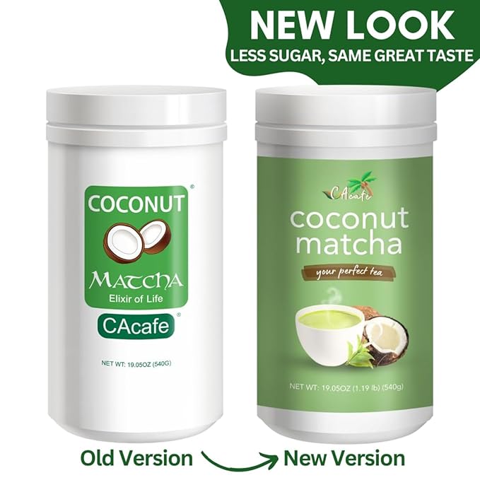 CAcafe Coconut Matcha - Instant Japanese Health Drink - Creamy &amp Sweet - Hot or Iced Green Tea Latte Mix - New Look Reduced Sugar - Non-GMO - No Artificial Flavors or Colors | 6-Pack