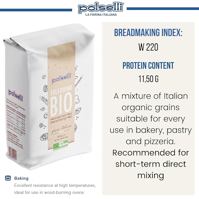 POLSELLI Organic Flour Type 00 100% Italian Grain Double Zero Flour OO Extra Fine 5 kg 11 lbs BIO Neapolitan Italian Pizza Bread Pasta All Natural Unbleached All-Purpose Unbromated No A