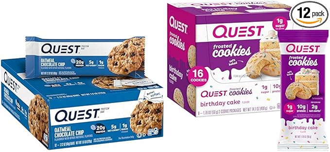Quest Nutrition Protein Bar 12 Count and Birthday Cake Frosted Cookies Twin Pack Bundle High Protein Low Carb Gluten Free