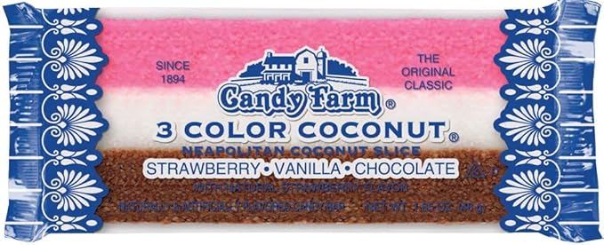 Neapolitan Coconut Slice Candy Bars (Vanilla Chocolate &amp Strawberry-striped moist coconut 1.65 Ounce Bars) 24 Count