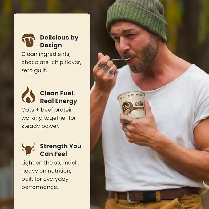 Beef Cakes Beef Collagen Protein Oatmeal (12 Pack Dark Chocolate Chip) – 14g Protein Clean Ingredients No Dairy or Seed Oils – High Protein Breakfast for Athletes