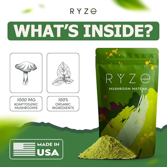 RYZE SUPERFOODS Mushroom Matcha USDA Organic with 6 Adaptogenic Mushrooms and Ceremonial-Grade Matcha for Energy Focus Digestion Immunity with Turkey Tail Shiitake Lion's Mane 30 servings