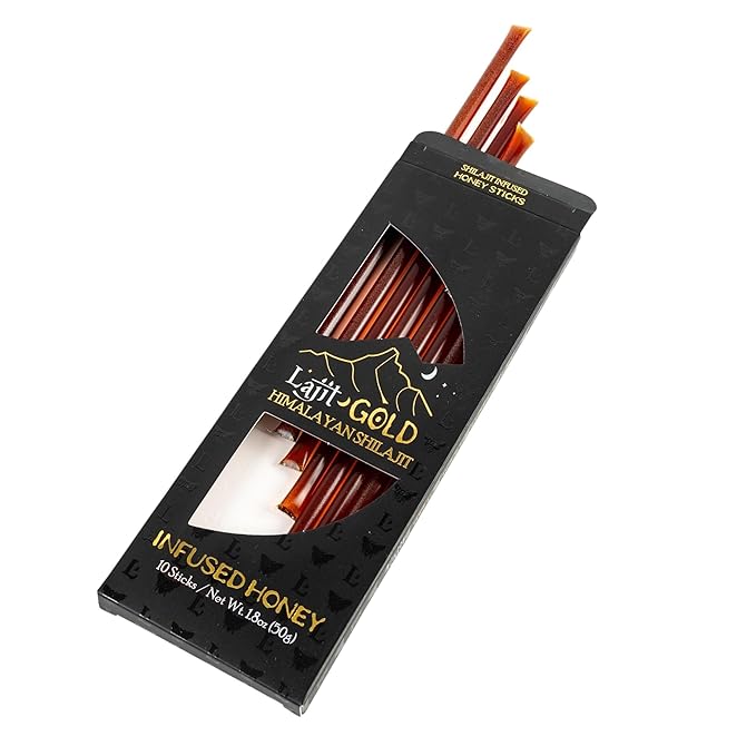 Lajit Gold Grade Himalayan Shilajit Honey Sticks –Organic Raw Honey + Fulvic Acid &amp 85+ Trace Minerals – Resin-Infused for Men &amp Women –Natural Energy Stamina &amp Immunity –10 Single-Serve