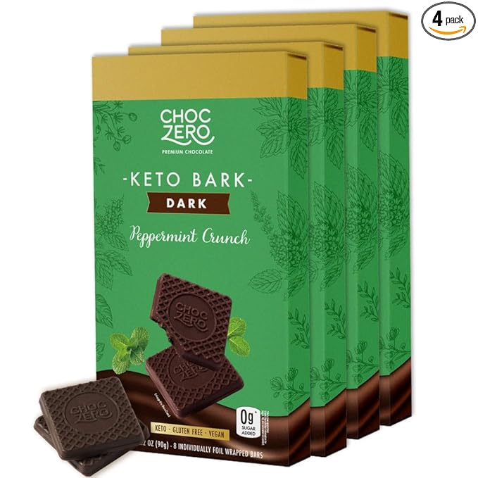 ChocZero Dark Chocolate Peppermint Crunch Bark Sugar Free Vegan Low Carb High Fiber Keto Friendly No Sugar Alcohols (4 Count 3.2oz Boxes)