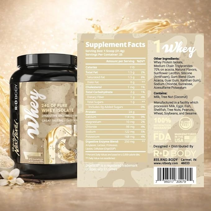 Whey Isolate Protein Powder Vanilla Shake 1 Whey – 24g Whey Isolate Protein per Scoop with Digestive Enzymes Plus MCTs - Low Carb Low Lactose Gluten Free - 25 Servings