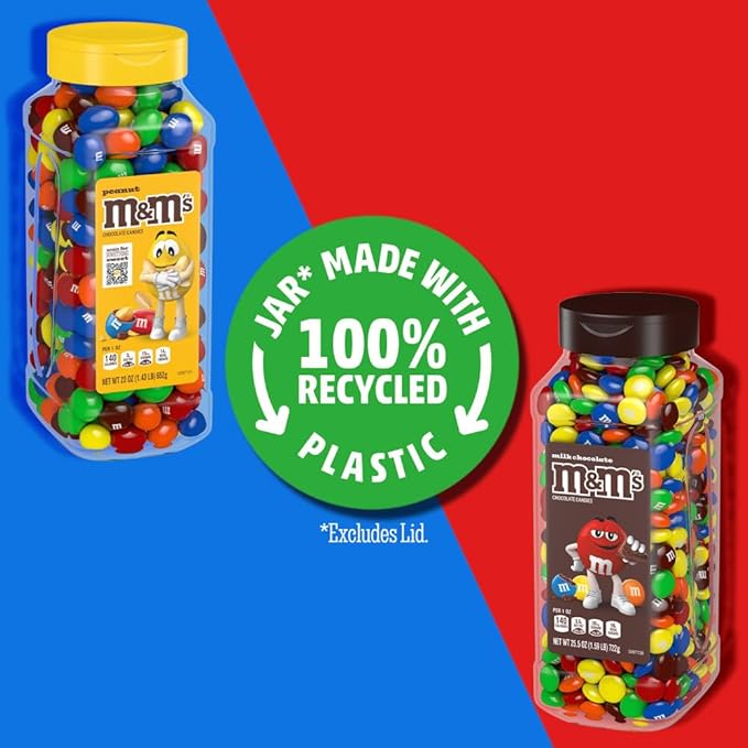M&ampM’s Milk Chocolate and M&ampM’S Peanut Bulk Candy Jars Assorted Chocolate Candies Party Size Bulk Candy Movie Night Snacks Resealable and Recyclable 48.5 Oz Total (Pack of 2)