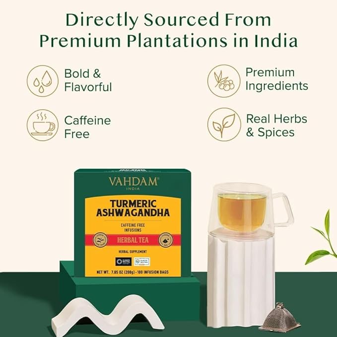 VAHDAM Turmeric Ashwagandha Herbal Tea Bags (100 Count) Caffeine Free Non GMO Gluten Free | 100% Pure Herbal Blend - Sweet &amp Earthy | Whole Leaf Tea Bags | Resealable Ziplock Pouch