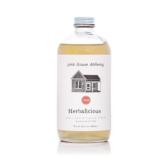 Pink House Alchemy Herbalicious Simple Syrup – 16oz Bottle – Handcrafted All-Natural Mixer for Coffee Cocktails Soda Lemonade Tea &amp Baking – Gluten-Free Non-GMO Vegan Small Batch (HER 1)