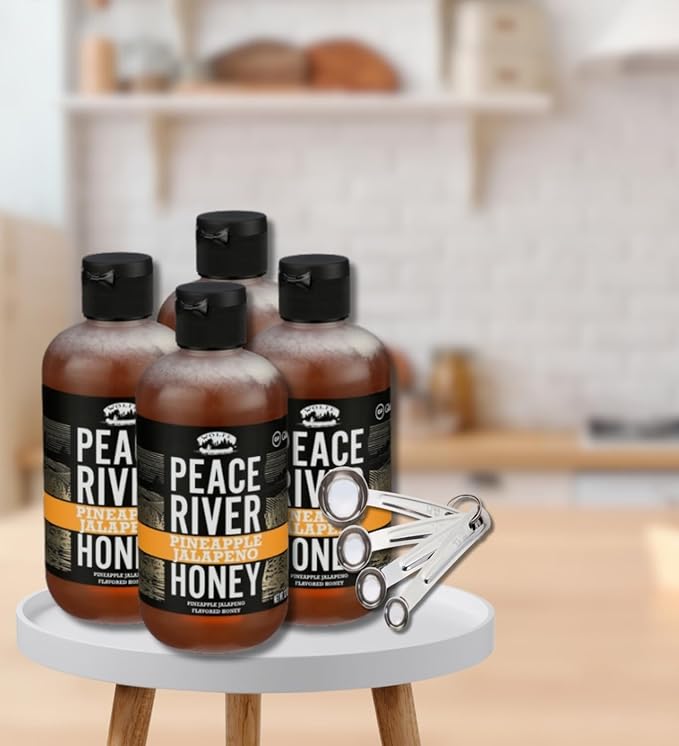 4x Peace River Honey Honey Pineapple Jalapeno 12 OZ Bundle with Measuring Spoon Set – Sweet and Spicy Blend with Pineapple Heat Plus Stainless Measuring Tools – Gift Set (5 Items)