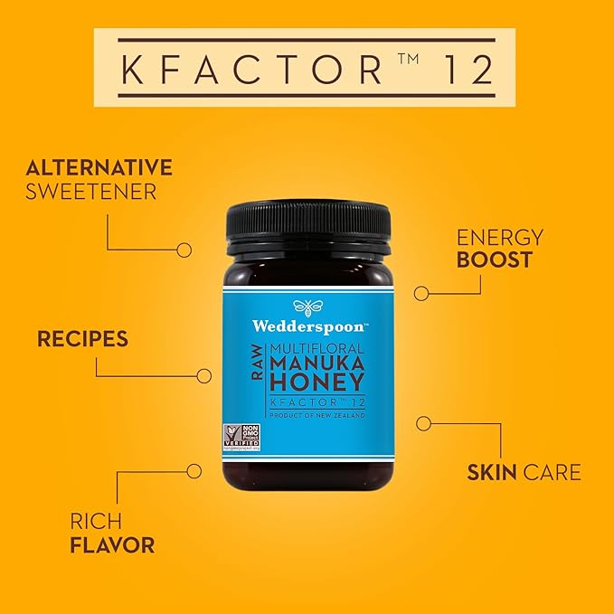 Wedderspoon Raw Premium Manuka Honey KFactor 12 8.8 Oz Unpasteurized Genuine New Zealand Honey Non-GMO Superfood Traceable from Our Hives to Your Home