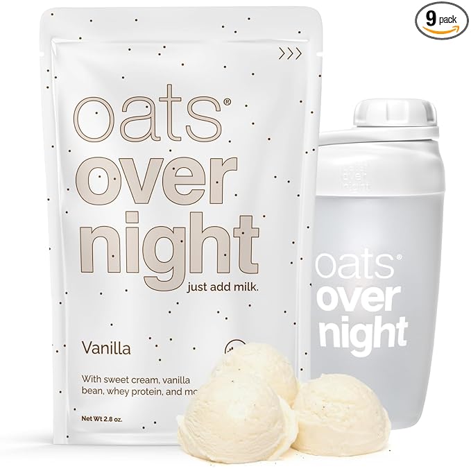 Oats Overnight Vanilla - Overnight Oats with 20g Whey Protein High Fiber Breakfast Protein Shake - Gluten Free Oatmeal Non GMO High Protein Oatmeal (2.8 oz per Meal) (8 Pack + Shaker Bottle)
