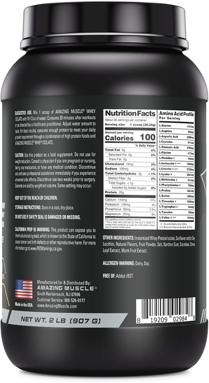 Amazing Muscle Whey Protein Isolate Powder | 25 Grams Protein Per Serving | 100% Whey Isolate | Zero Fat | Made in USA (2 LB Banana)